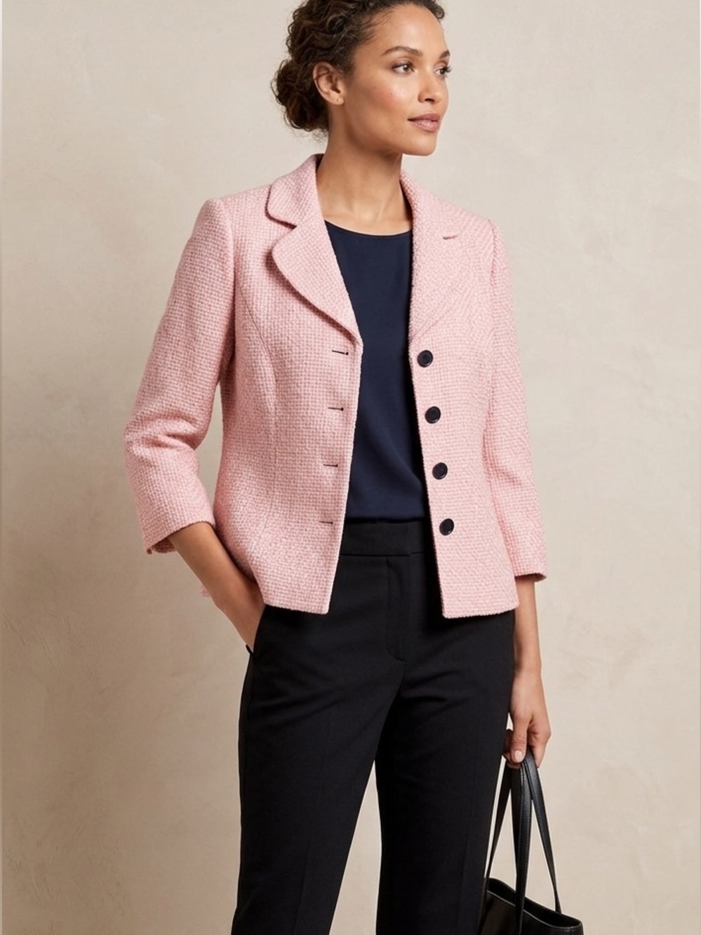 Talbots Tweed Blazer Pink Silk Lined Black Button Jacket 3/4 Sleeves Size 6